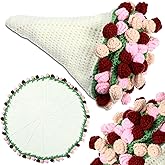 WovWeave Crochet Flowers Blanket Handmade Floral Bouquet Throw Blanket Soft Lightweight Cozy Knitted Gifts for Women Birthday Anniversary Christmas Wedding Party Presents, 33.5 x 33.5 inch(Rose)