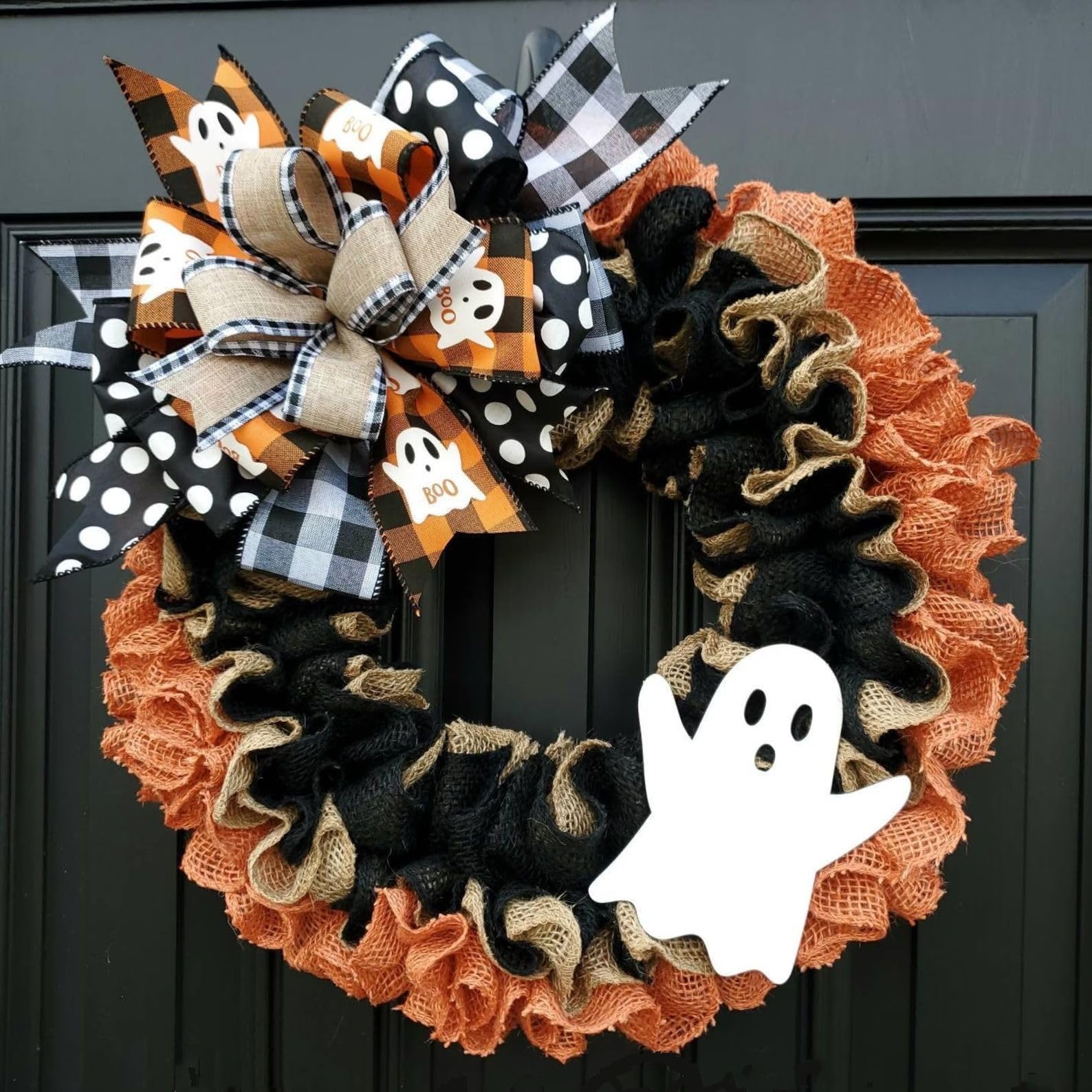Photo 1 of Halloween Boo Ghost Wreath, Burlap Wreath with Bows for Front Door, Farmhouse Favors Trick of Treat Props, Halloween Party Supplies Window Wall Decor