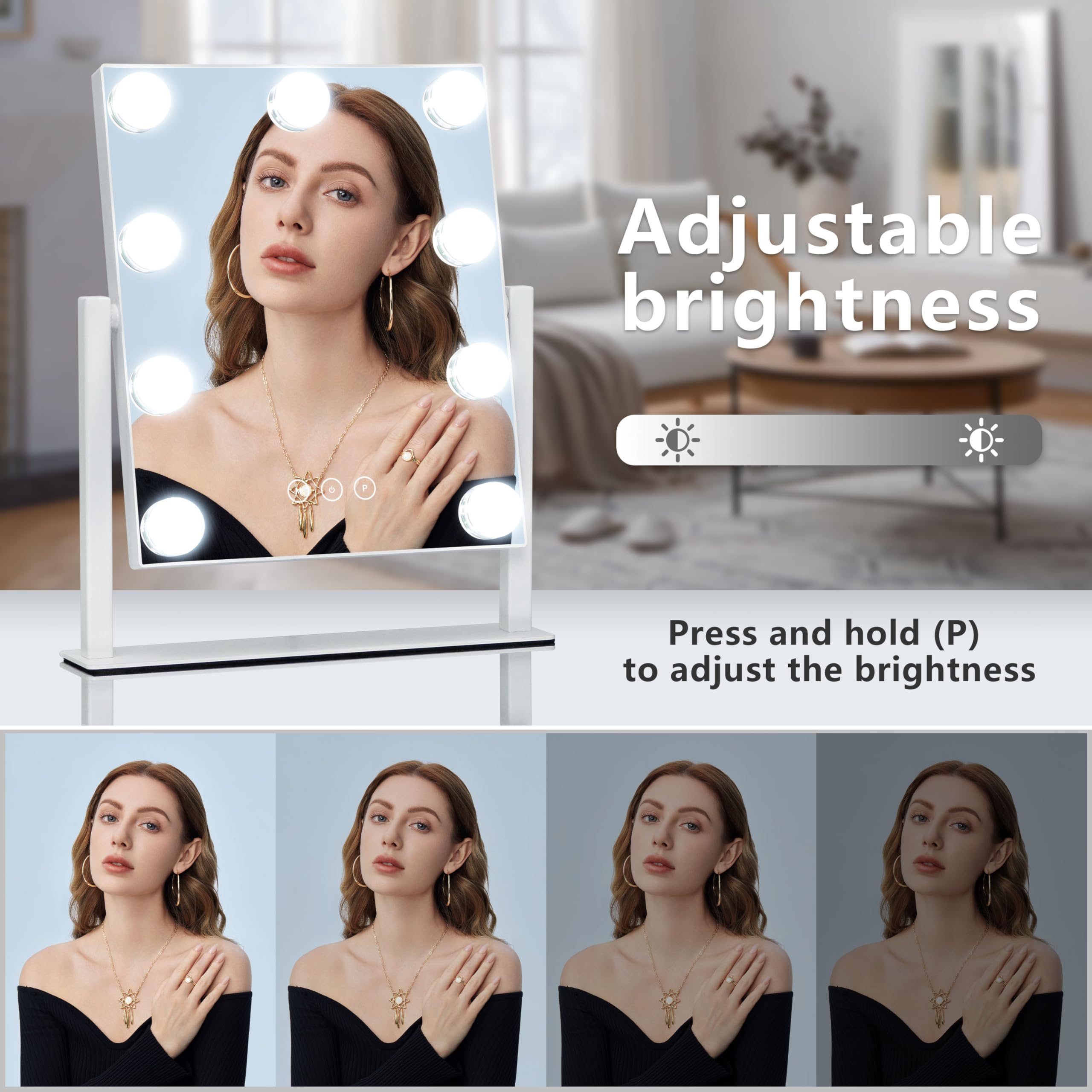 Vanity Mirror with Lights,Lighted Vanity Mirror with 9 Dimmable Bulbs for Dressing Room & Bedroom,3 Color Lighting,Modes Detachable 10x Magnification 360°Ratation(White)