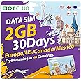 EIOTCLUB Prepaid Europe SIM Card, 2GB/30Days SIM Card, Use in Canada/Mexico/The US & 37 European Countries, 5G/4G High Speed Data Card (No Activation & Roaming Fees Required)