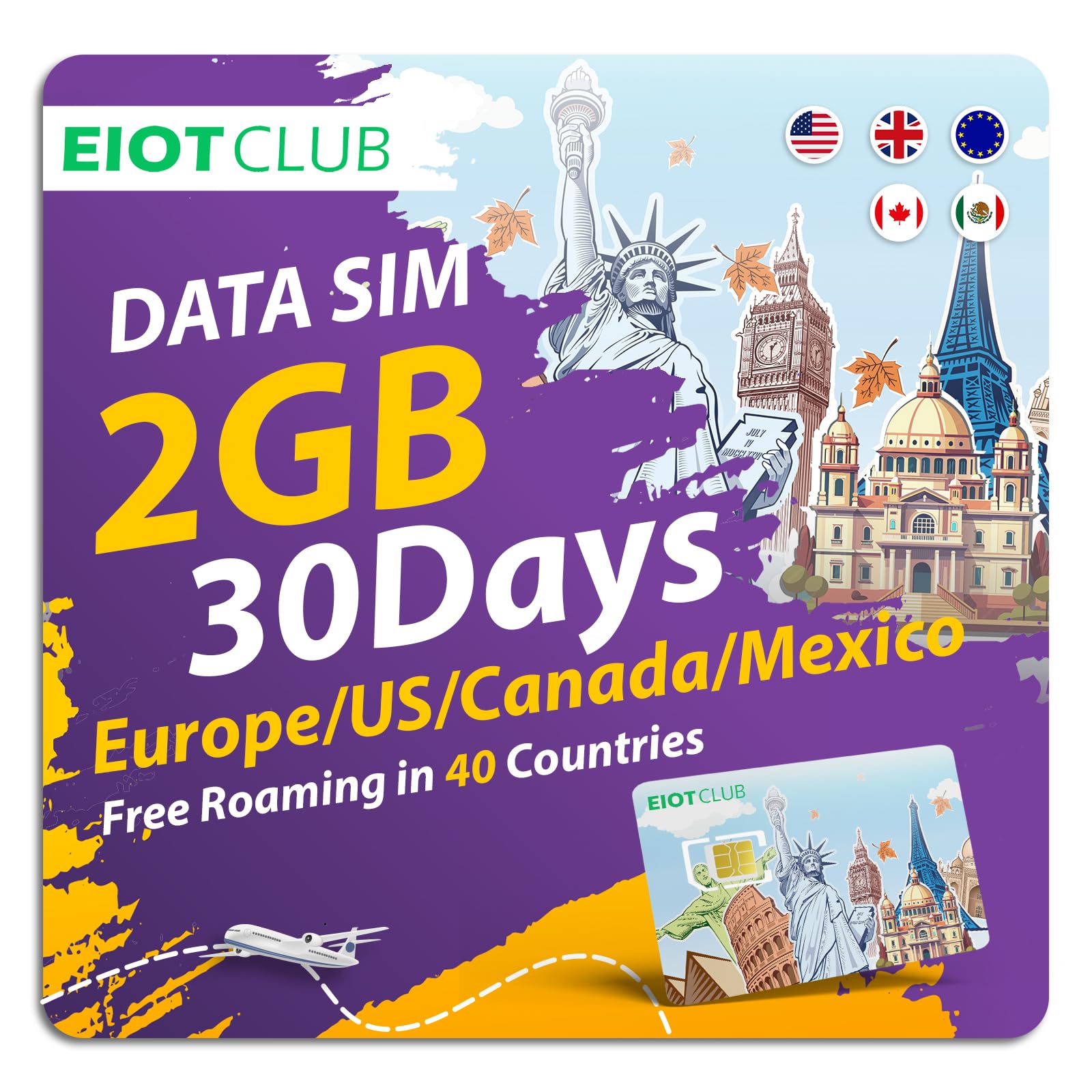 EIOTCLUB Prepaid Europe SIM Card, 2GB/30Days SIM Card, Use in Canada/Mexico/The US & 37 European Countries, 5G/4G High Speed Data Card (No Activation & Roaming Fees Required)