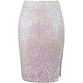 Vijiv Women's Sequin Skirt Midi High Waist Elegant Stretchy Sparkle Side Slit Pencil Skirt Party Cocktail