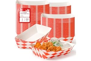 Fit Meal Prep [250 Pack 2 lb Paper Food Boats Heavy Duty Disposable Food Trays, Red Check Nacho Tray for Parties Fairs Picnic