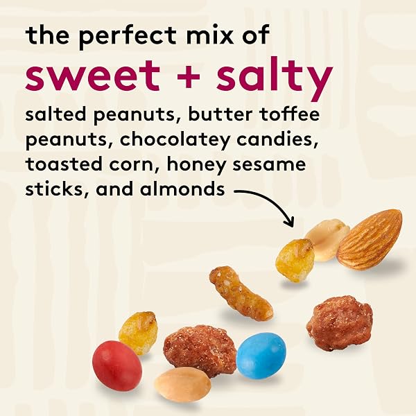 SNAK CLUB SWEET AND SALTY TRAIL MIX WITH PEANUTS, BUTTER TOFFEE PEANUTS, CHOCOLATEY CANDIES, TOASTED CORN, HONEY SESAME STICKS, AND ALMONDS, KOSHER SNACK, 14 OZ RESEALABLE BAG