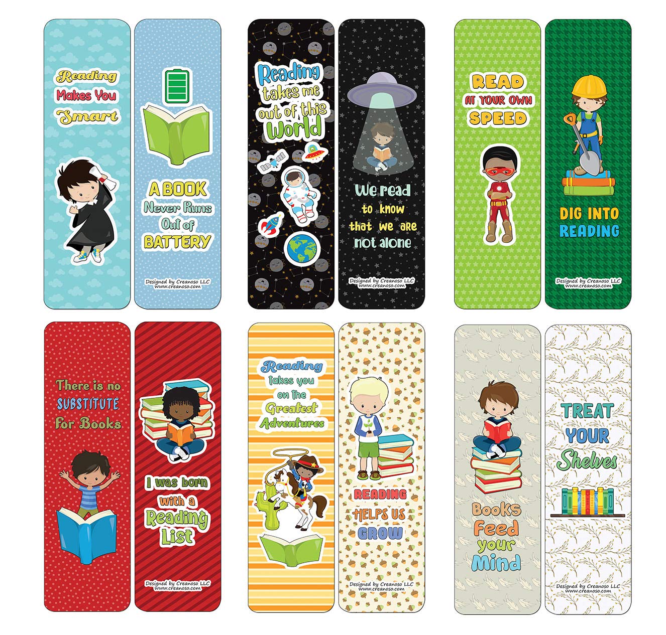 Creanoso Little Readers Bookmarks for Boys (12-Pack) - Stocking Stuffers Premium Quality Gift Ideas for Children, Teens, & Adults - Corporate Giveaways & Party Favors