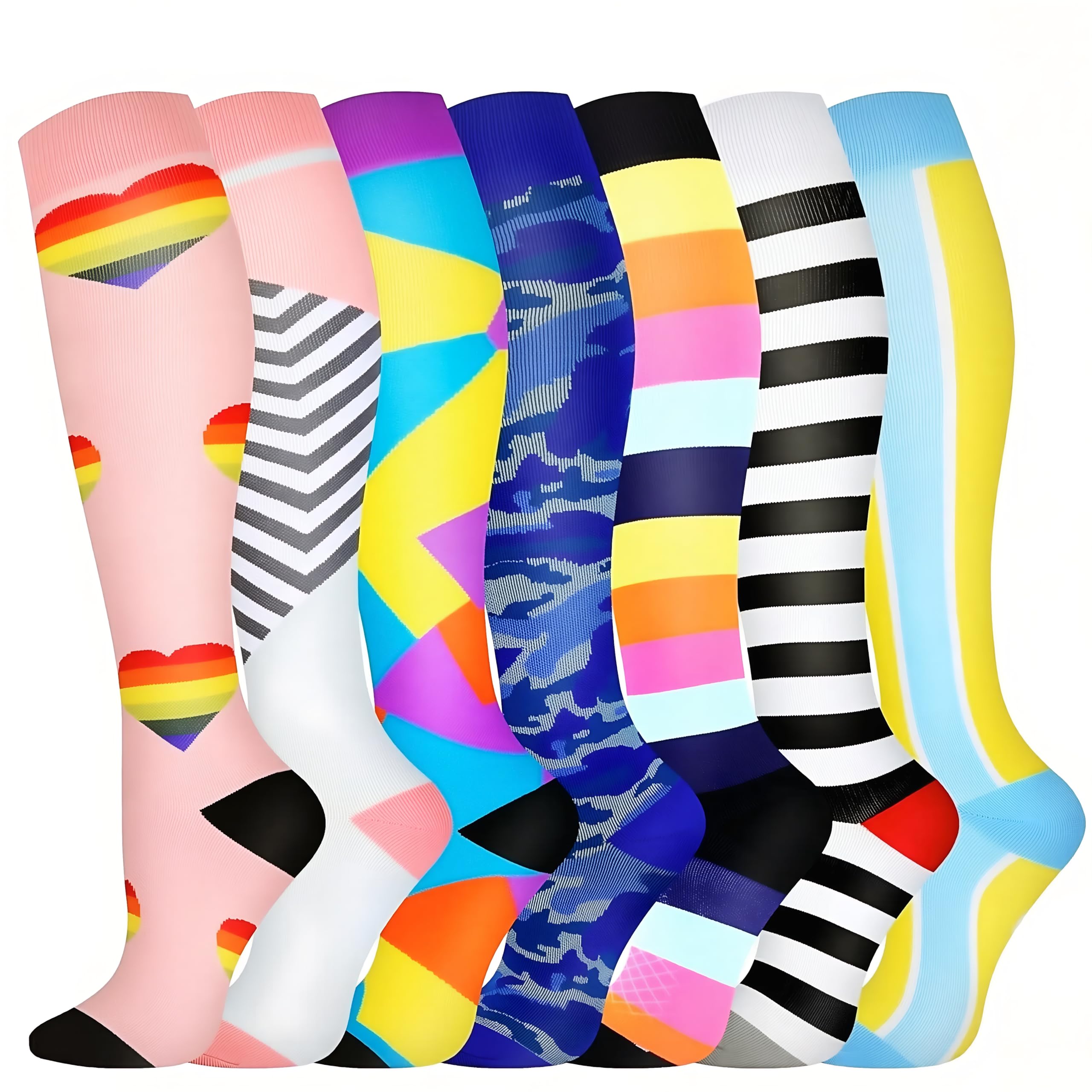 Odtmger Compression Socks（7 Pair for Women & Men Circulation 20-30mmhg Knee High Sock is Best Support for Athletic Running,Cycling