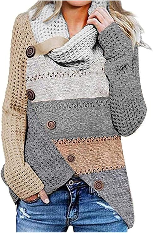 KR3Ujfr Women's Casual Turtle Cowl Neck Sweater Womens Color Block Button Asymmetric Hem Wrap 