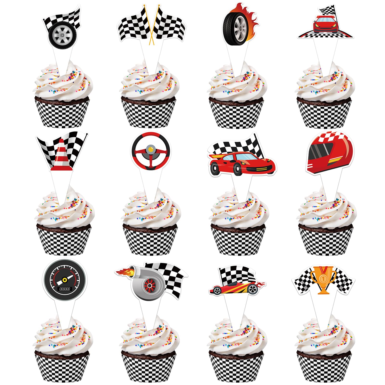 Photo 1 of 48 Pack Race Car Cupcake Toppers and Wrappers, Race Car Party Cake Decoration for Racing Checkered Theme Birthday Party Baby Shower Supplies