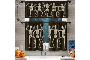Culudea Halloween Fun Skeletons Kitchen Curtains Body Skull Spooky Black Window Curtains Valance and Tier Set 36 Inch Rod Pocket Short Tier Curtain for Room, Cafe Kitchen Decor