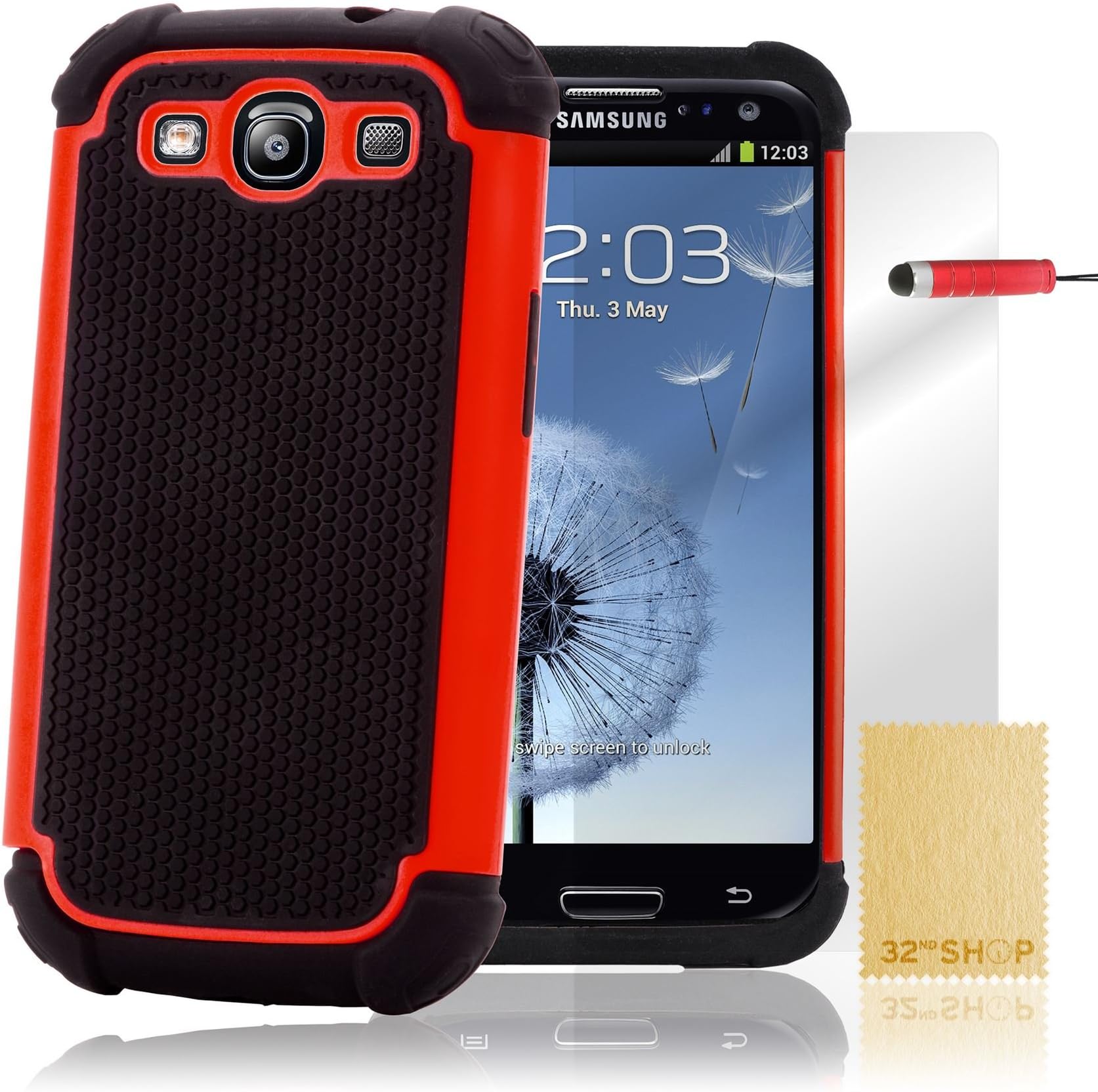 32nd ShockProof Series - Dual-Layer Shock and Kids Proof Case Cover for Samsung Galaxy S3, Heavy Duty Defender Style Case - Red