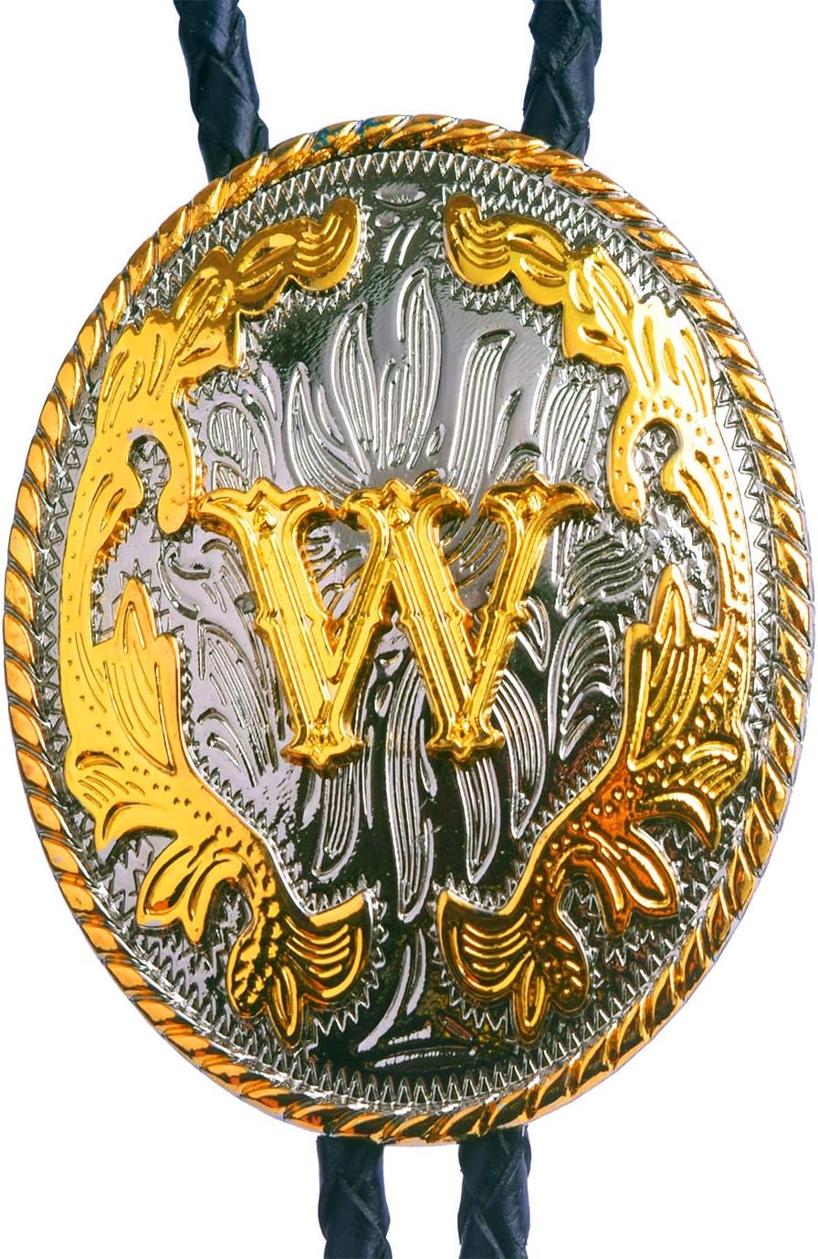 Golden Western Bolo Tie Initial Letter A to Z in Round Flower Cowboy with Cowhide Rope Necktie