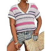 Eytino Plus Size Tops for Women Striped V Neck Short Sleeve Hollow Out Crochet Knit Sweater 2026 Sping Clothes Outfits(1X-5X)