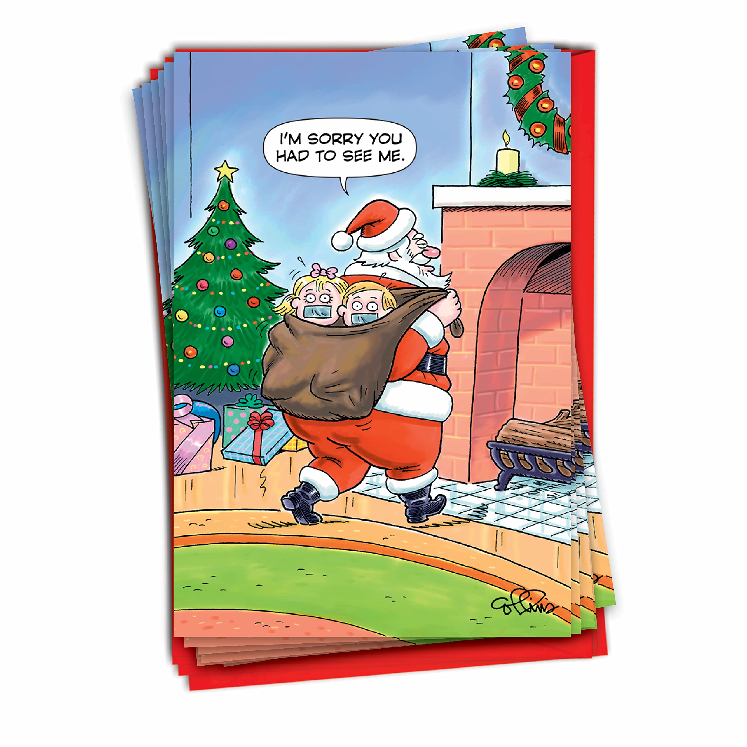 NobleWorks - 12 Funny Cartoon Christmas Cards - Boxed Notecards for Christmas, Bulk Comic Humor Set (1 Design, 12 Cards) - Santa Kidnap B5734