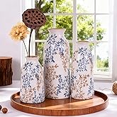 Ceramic Vase Set of 3, Blue and Beige Vintage Floral Glazed Vases for Home Decor, French Country Rustic Farmhouse Style Flower Vases, Grandmillennial Table Centerpiece for Living Room or Kitchen