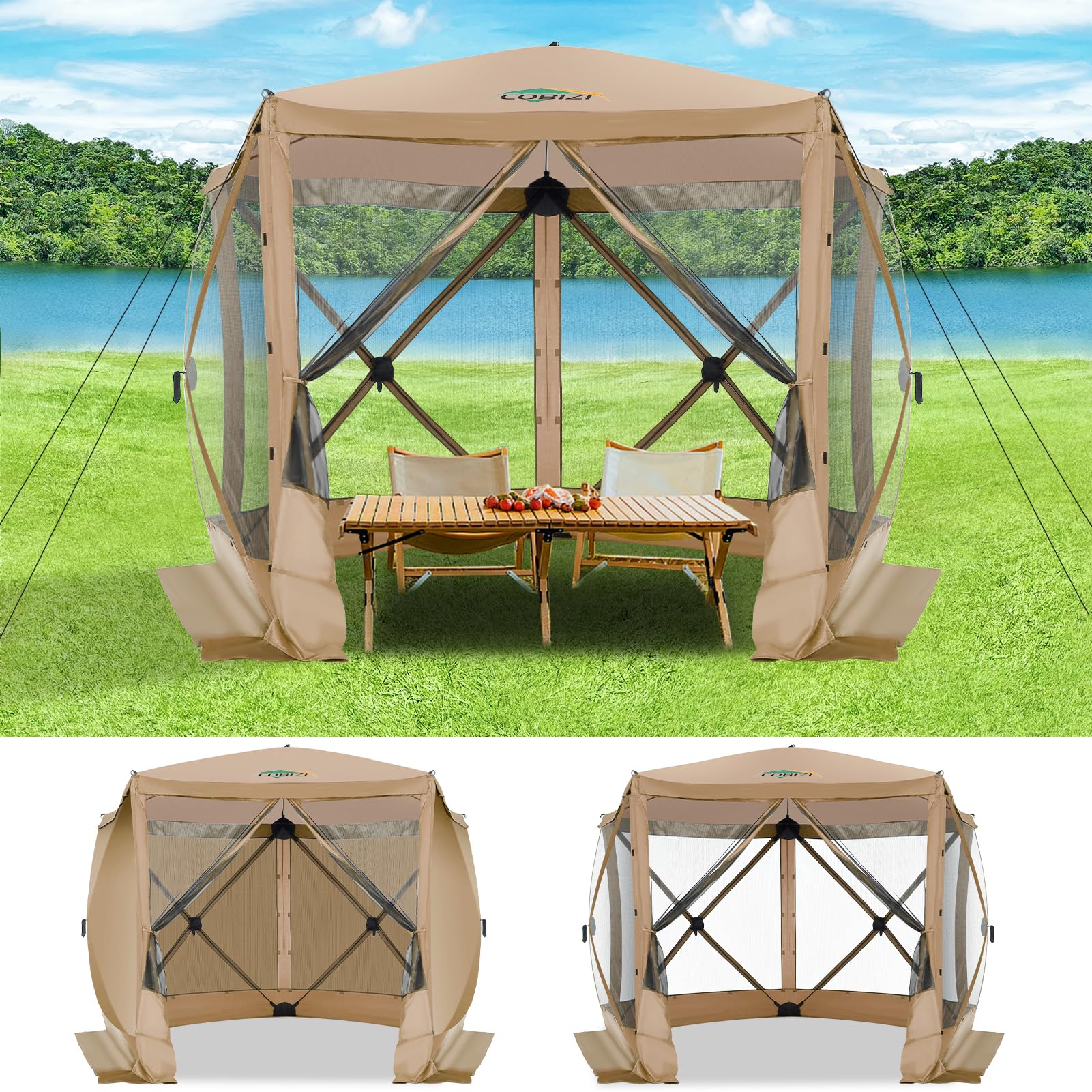 Photo 1 of **INCOMPLETE SET MISSING CLOTH SIDING** COBIZI 10x10 Pop up Gazebo Screen House Tent for Camping, Pop-up Camping Canopy with Sidewalls, Portable Outdoor Quick-Set Hub Tent with Carrying Bag&Ground Stakes, Khaki(Upgraded 2.0)