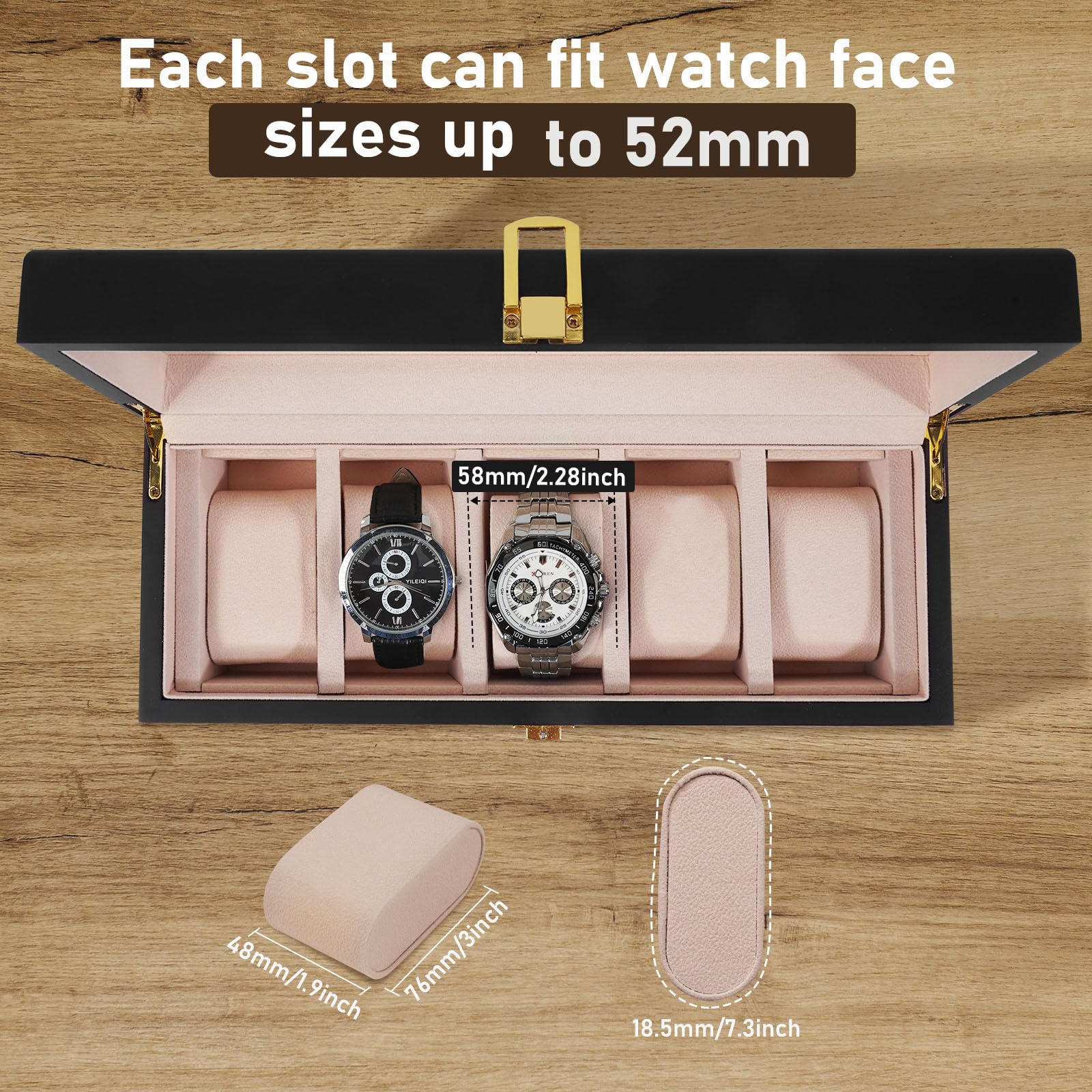 Vockow Wooden Watch Storage Box - 5 Slot Watch Display Case for Men Women | Watch Holder Organizer fit Watches with Dial Size up to 52 mm Black