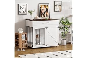 Rophefx Dog Crate Furniture with Storage Drawer, Dog Kennel Furniture, Heavy Duty Wooden Puppy Crate with Lockable Wheels, Modern Decorative Indoor Dog House for Medium Small Dogs, White