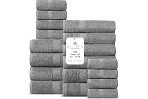 Villa Celestia 100% Cotton Bath Towel Set of 18-4 Bath Towels, 6 Hand Towels, 8 Wash Cloths, Sustainable, Soft, Highly Absorbent, Combed Cotton 18 Piece Set for Hotels, Spa, Bathroom, Dorm, Grey