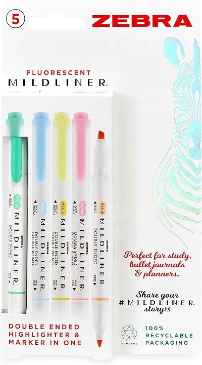 Zebra Pen Mildliner Dual Tip Fluorescent Highlighters 5 Pack Pastel