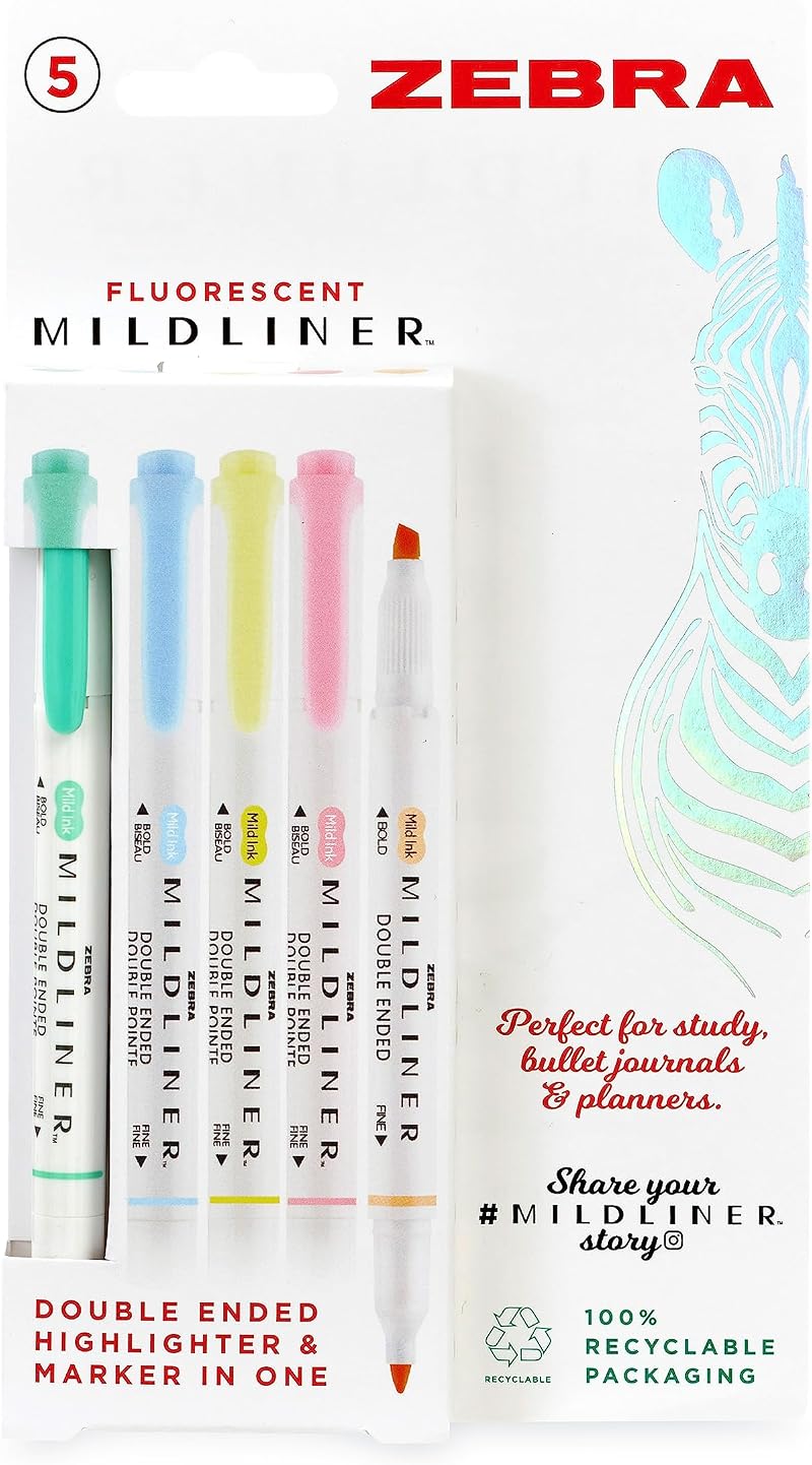 Zebra Pen Mildliner Dual Tip Fluorescent Highlighters 5 Pack Pastel