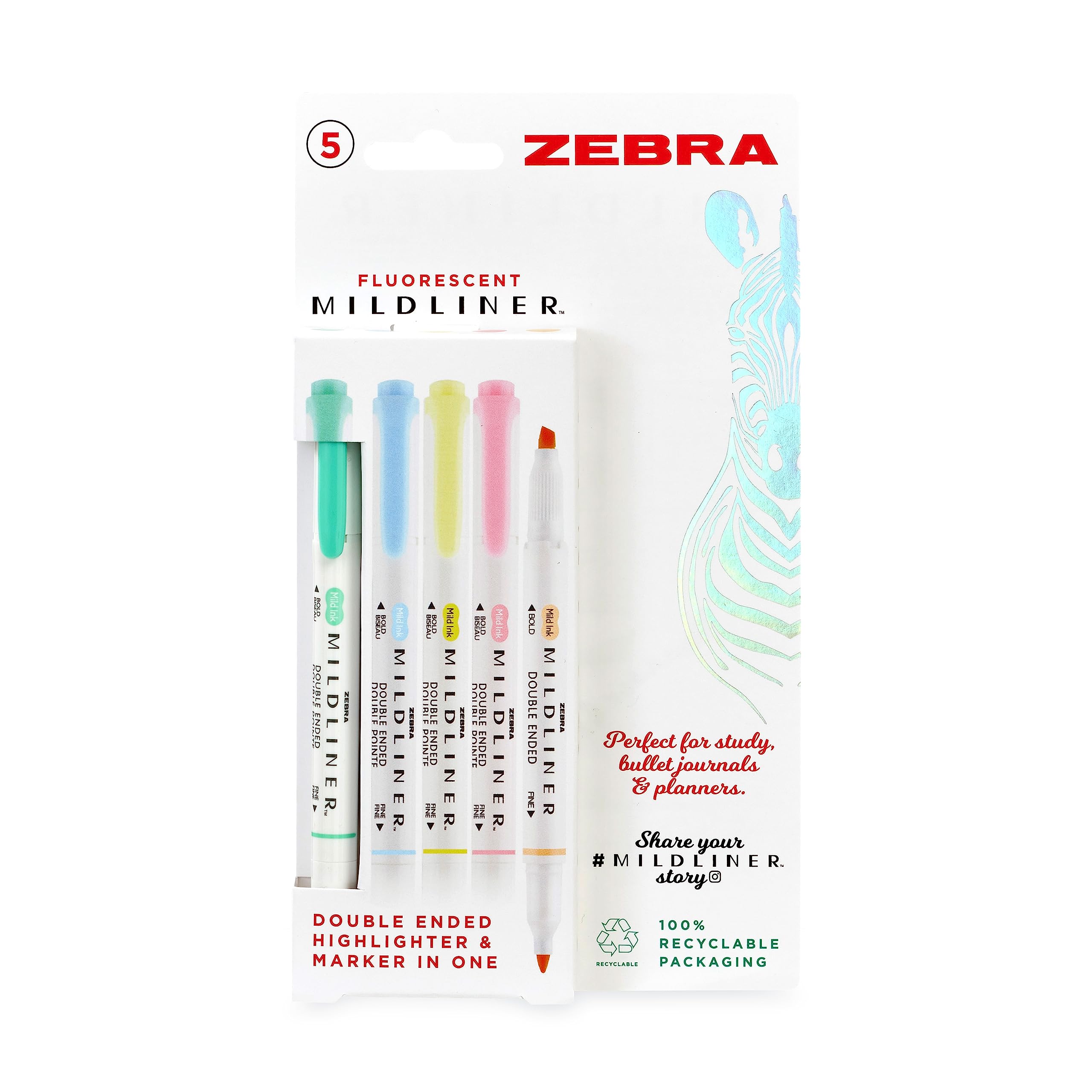 Zebra Pen MILDLINER Dual Tip Fluorescent Highlighter Pens, Pastel Highlighter Pens For Adults, Broad & Fine Tip Markers & Highlighters For Many Uses, Double Ended Highlighters, 5 Pk - Assorted Colours