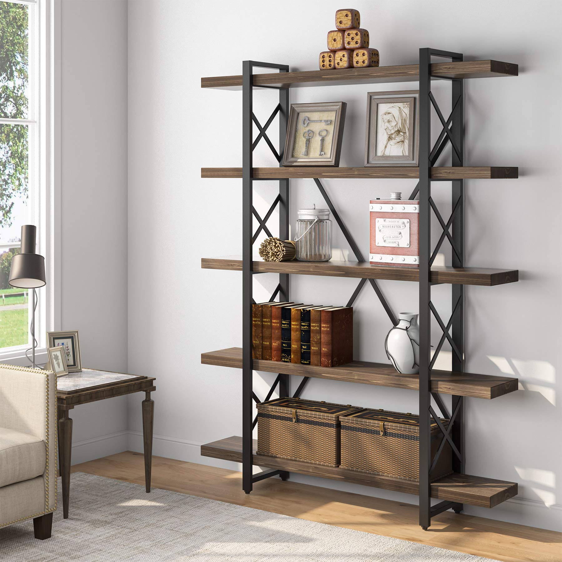 Tribesigns Solid Wood 5-Shelf Industrial Style Bookcase and Book Shelves, Metal and Wood Free Vintage Bookshelfs, Retro Brown (5 Tier)