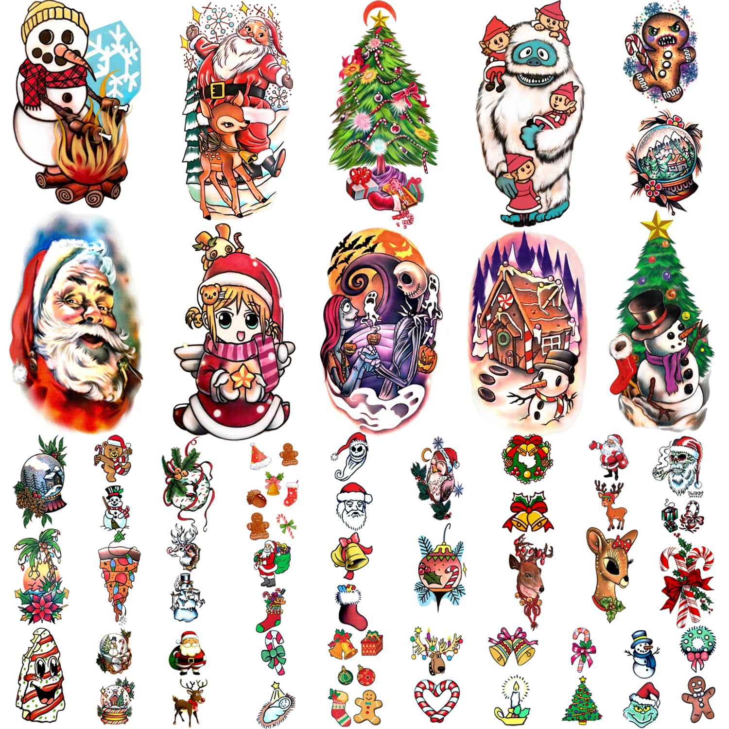Metuu 40 Sheets 3D Forearm Face Hand Neck Christmas Temporary Tattoos For Men Women Kids, Large Snowman Santa Claus Tree Glass Ball Reindeer Elk Colorful Christmas Waterproof Fake Tattoo Stickers