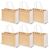 MAQUITA 6 Pack Burlap Tote Bags, Reusable Jute Gift Bags with Handles, Water Resistant Beach Bag, 12.6'' x 5.1'' x 8.7'' Canvas Grocery Shopping Bag for Bridesmaid, DIY, Shopping, Wedding