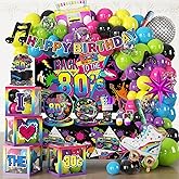 277pcs 80s Party Decorations Serves 25, All-in-one Set with Back To The 80's Backdrop Tableware Balloon Arch Tablecloth Balloon Box Cupcake Topper Table Decor, Etc. for 80s Party Decorations