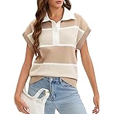 ONFERS Womens Striped Short Sleeve Sweater Button Down Polo Pullover Tops Loose Color Block Knit Tops Fall Sweater Vest