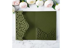ponatia 20PCS Olive Green Laser Cut Wedding Invitations Pockets, Tri-fold 5x7 Laser Cut Invitation Pockets for Wedding Bridal Shower Quinceanera 15 Anos Invite (No Envelopes & Inner Sheets)