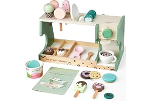Wooden Ice Cream Toy, 3-in-1 Ice Cream Counter with Coffee Maker 28 PCS Toddler Pretend Play Kitchen Accessories Wooden Toys 