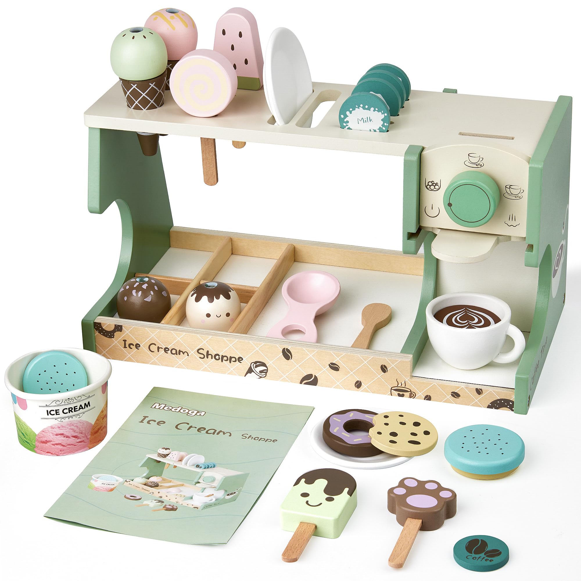 medoga Wooden Ice Cream Toy, 3-in-1 Ice Cream Counter with Coffee Maker 28 PCS Toddler Pretend Play Kitchen Accessories Wooden Toys for 3 4 5 6 Year Old Girl or Boy (Ice Cream)