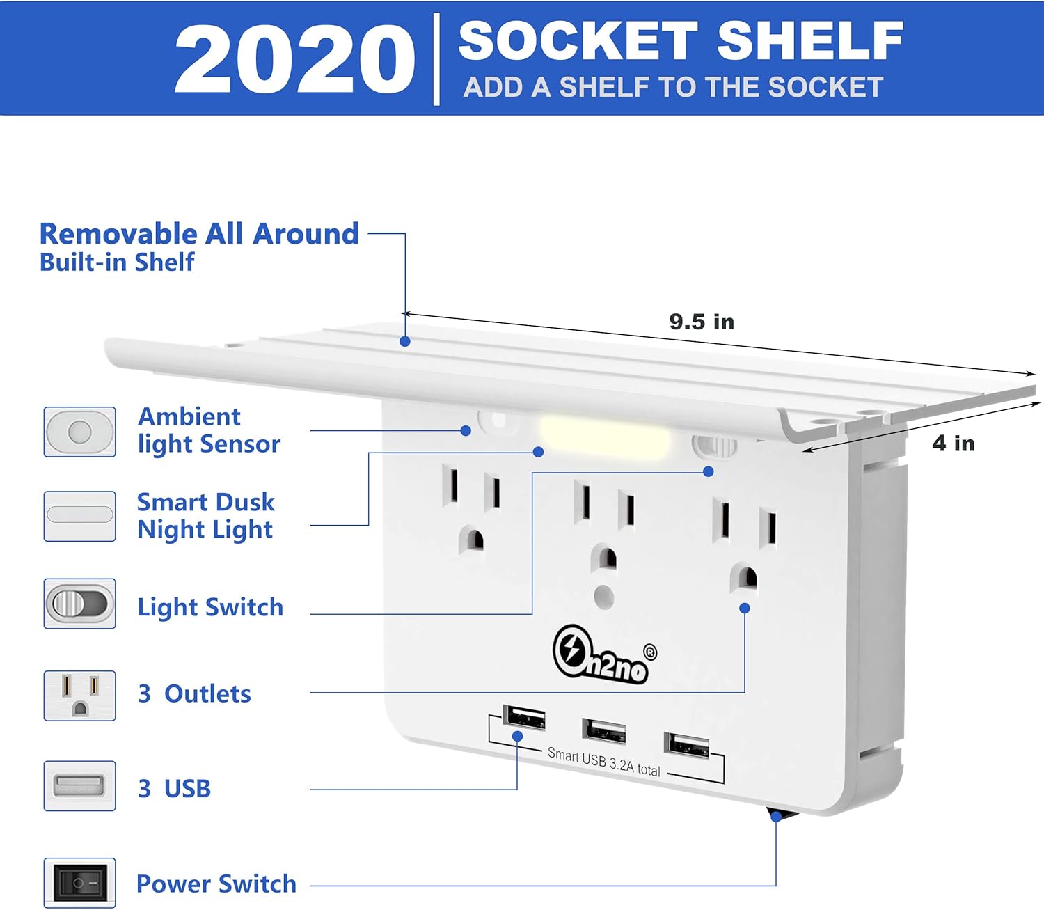 Outlet Shelf -ON2NO Wall Outlet Extender with All Around Built-in Shelf, Multi Plug Outlet Surge Protector with Smart Night Light, 3 USB Charging Ports, 3AC Power Outlet Splitter - - 