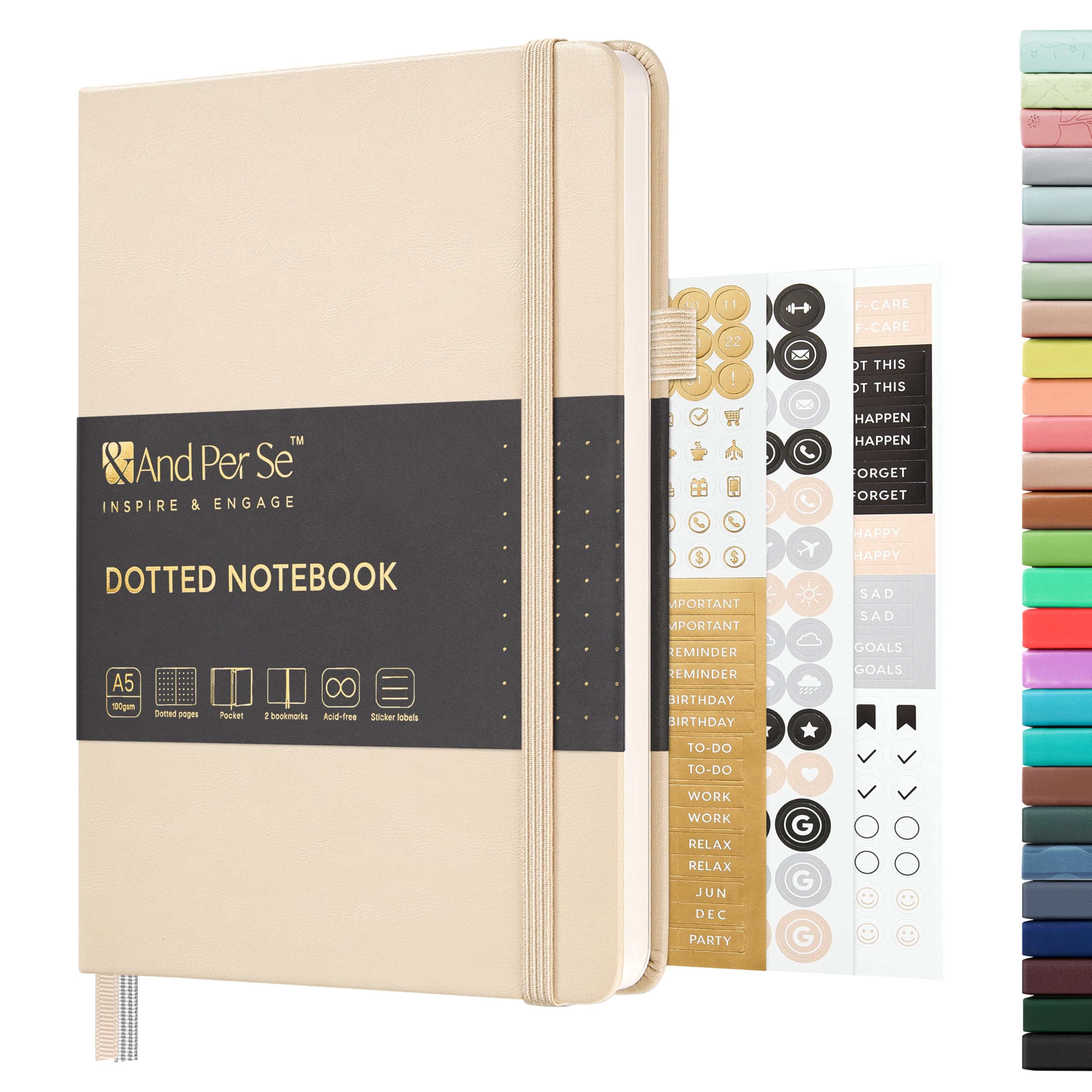 Photo 1 of &And Per Se Dotted Journal Notebook, A5 Hardcover Leather Bullet Dotted Journal, 160 Pages 100 gsm Thick Dotted Paper?3 Stickers Included for Women Men, Work Office or School - 5.7'' x 8.3'' (Light