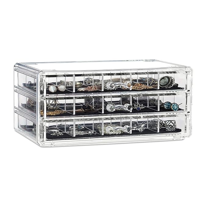 Relaxdays Make Up Organizer Acryl, Schmuckkasten mit 3 Schubladen, Kosmetikaufbewahrung mit Fächer-Einsatz, transparent