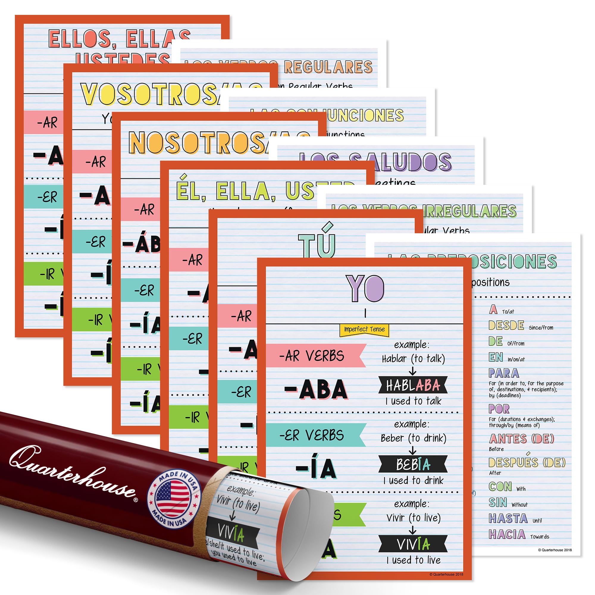 Quarterhouse 11 Poster Spanish Verbs and Beginner Vocabulary (Set H) Set, Spanish Classroom Learning Materials for Pre-K and K-12 Students and Teachers, 12 x 18 Inches, Made in USA