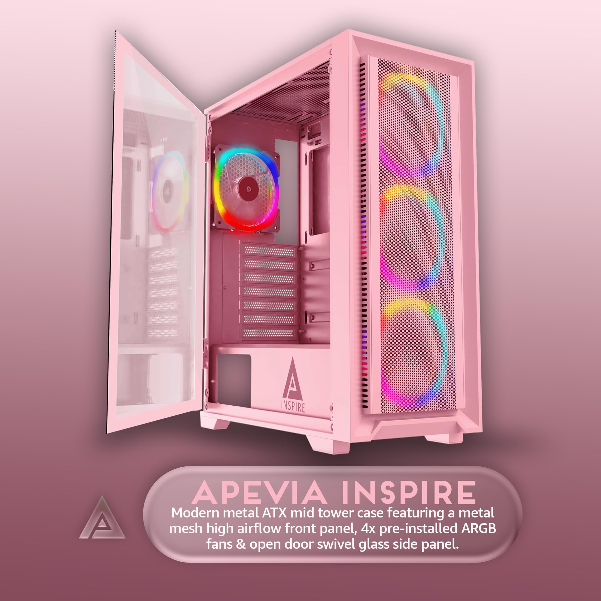 Apevia Inspire-PK Inspire Mid Tower ATX Gaming PC Case w/ 4X 120mm ARGB Fans, 366 RGB Light Modes, 1x Metal Mesh Airflow Front Panel, 1x Door Swivel Style Magnetic Glass Side Panel, 2X USB3.0, Pink