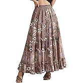 NiPaMi Women's Tiered Ruffle Boho Long Skirt Fall Chiffon Pleated Flowy Flared Maxi Skirt