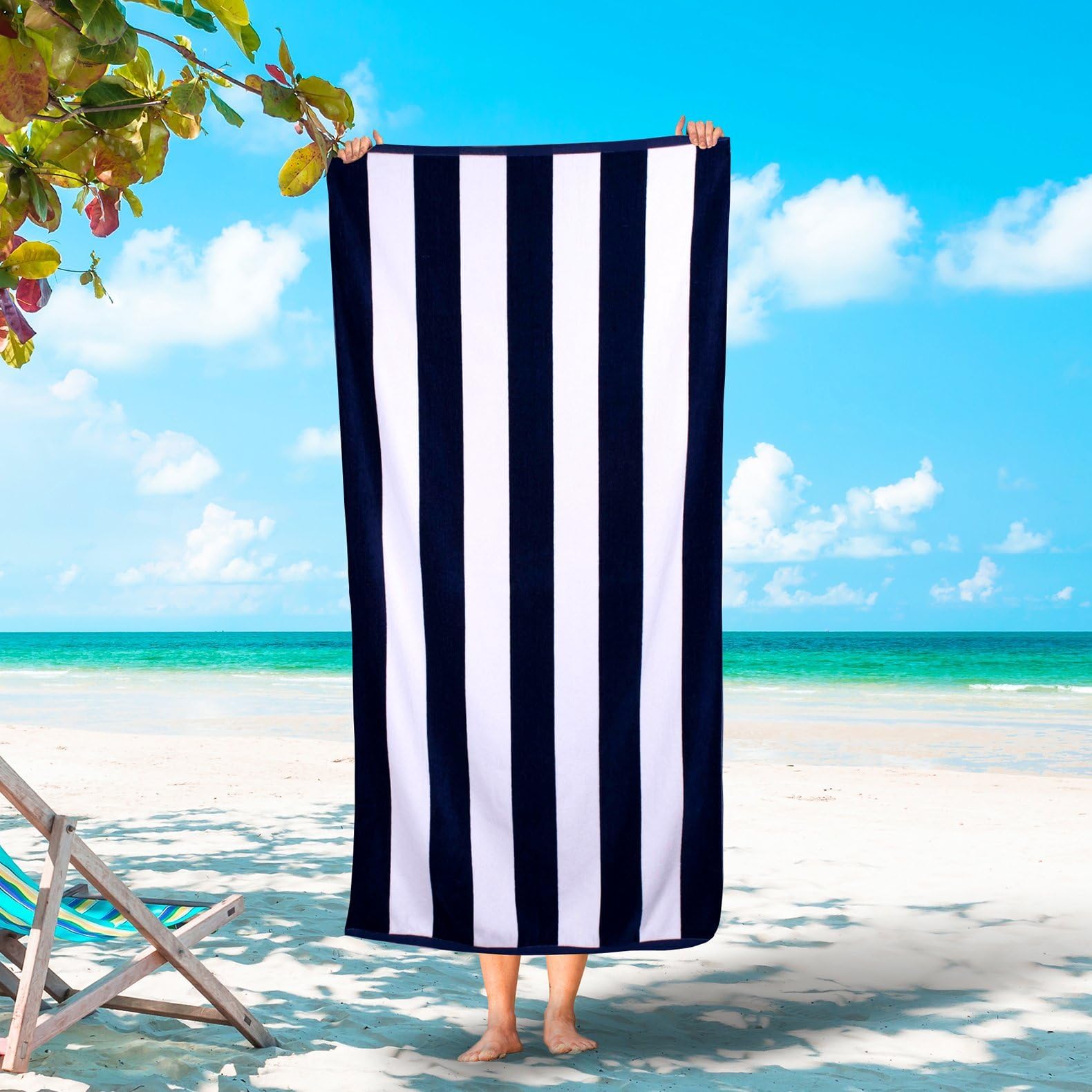 Silken Luxury Cabana Beach Towel 100% Turkish Cotton Soft Striped Towels (Navy, 1)