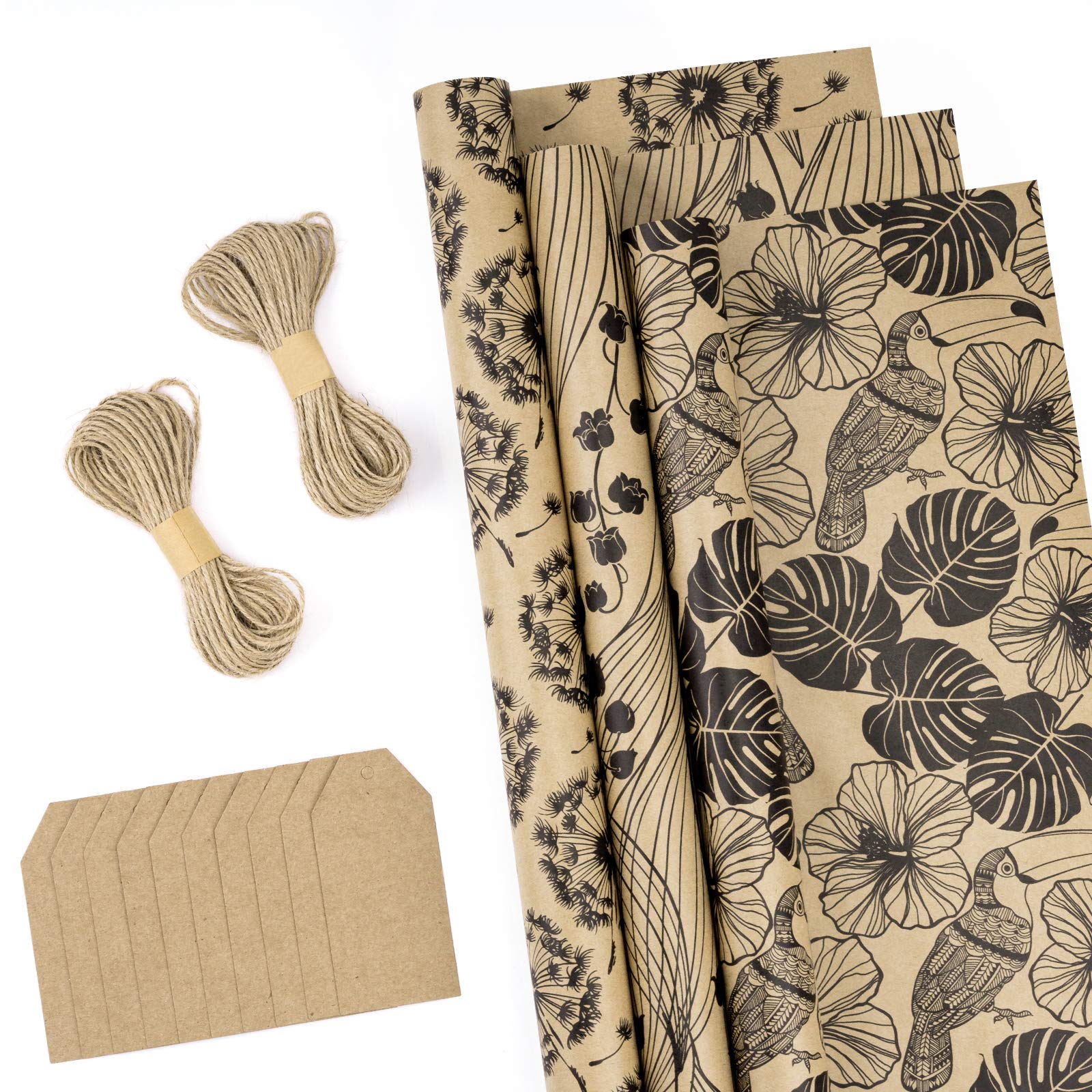 RUSPEPA Wrapping Paper Rolls with Tags, Jute String - 43 cm x 3 Meter per Roll, Total of 3 Rolls, Flowers Black