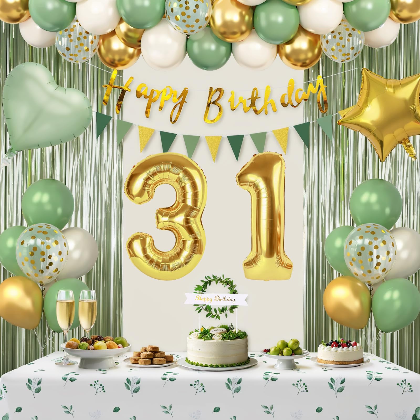 Photo 1 of Sage Green 31st Birthday Decorations for Women, Happy 31st Birthday Decorations for Her, Green Gold Balloons, Foil Balloons, Happy Birthday Banner, Olive Neutral Birthday Party Supplies