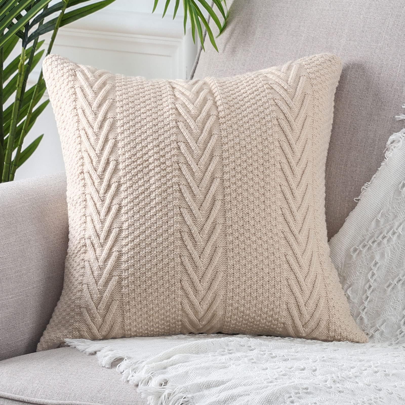 Mandioo Cotton Knitted Decorative Square Beige Cushion Covers 40cm x 40cm 16x16 Inch Soft Cozy Outdoor Throw Pillow Cases Luxury Modern Pillowcases for Couch Sofa Bed Livingroom