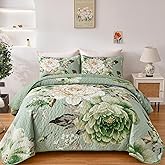 WONGS BEDDING Floral Quilt Set Queen, Sage Green 3 Pieces Elegant Flower Bedspread Coverlet for All Season Soft Microfiber Lightweight Reversible Quilt Bedding Set with 2 Pillow Shams 96"X90"