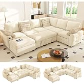 Ihanherry 106-inch Large L-Shaped Sectional Sofa Bed, 7-Seater Convertible Pull Out Sleeper with Storage Ottoman, 4 Pillows &amp; USB Charging Ports, Premium Chenille Fabric for Big Living Room（Beige）