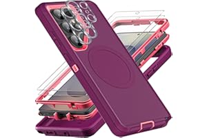 YKHJKLEC for Samsung Galaxy S25 Ultra Case, Compatible with Magsafe, Military Grade 3 in 1 Heavy Duty Case with 2Pcs Tempered Glass Screen Protector & Camera Lens Protector (New-Purple/Pink)