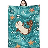 Turamurra Cute Otter Throw Blanket for Kids Sea and Animal Lovers,50x60 in,Ocean Wave and Starfish Flannel Blankets for Bedroom,Couch, Travel,Coastal Home Decor,Fuzzy Soft Cozy Warm Gifts