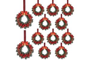 Zeyune 12 Pcs Small Christmas Wreaths for Kitchen Cabinets with Plaid Bow Ribbon Hanging Mini Christmas Cabinet Door Wreaths Decor for Kitchen Window Outdoor Indoor Holiday, 14.96 x 7.87''