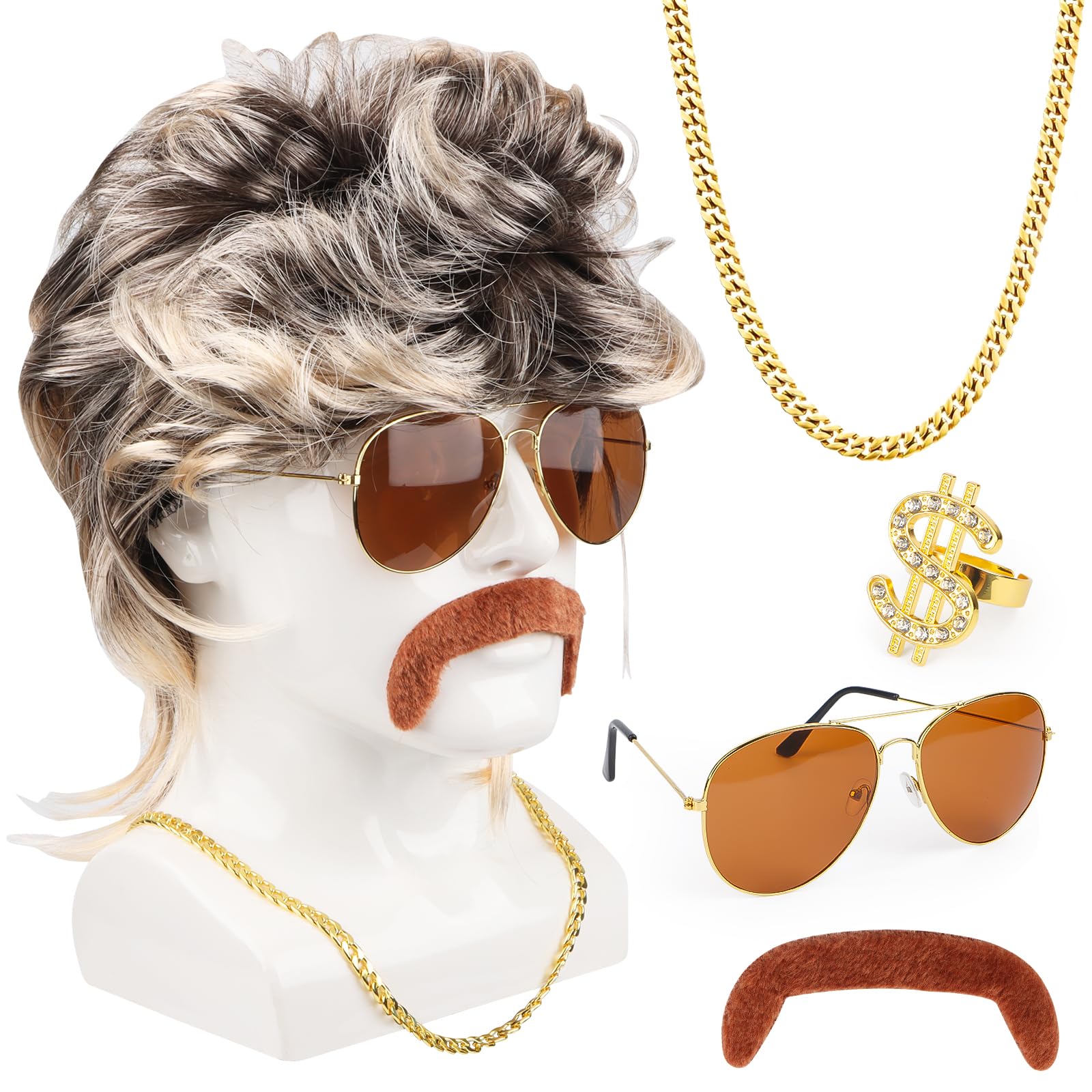 Fonyet 80s Outfit Men's Mullet Wig Men's 70s 80s Wig Accessories with Moustache, Necklace, Ring and Sunglasses for Cosplay, Halloween, Costume Parties etc