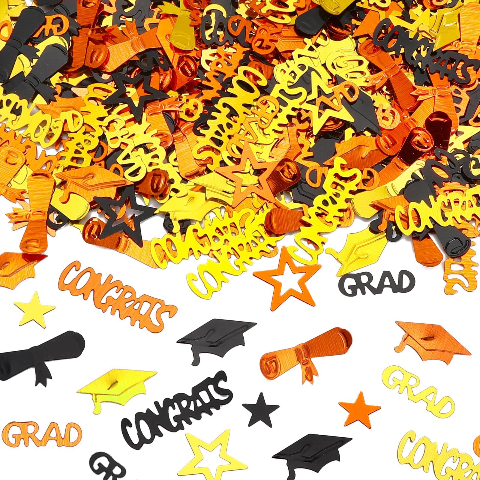 Photo 1 of MARFOREVER Orange Black Gold Graduation Confetti Decorations, Congrats Grad Confetti Class of 2025 for 2025 Graduation Theme Party Decor Congrats Grad 2025 Party Supplies Table Centerpieces